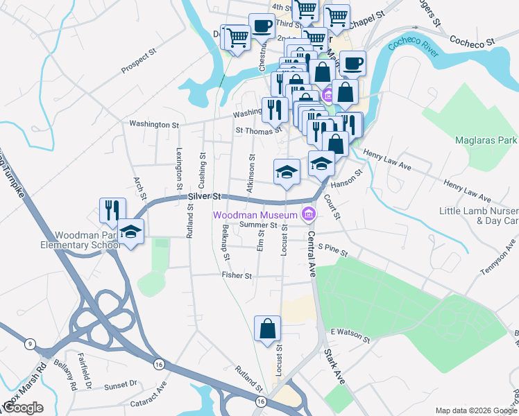map of restaurants, bars, coffee shops, grocery stores, and more near 45 Summer Street in Dover