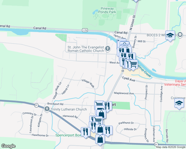 map of restaurants, bars, coffee shops, grocery stores, and more near 89 Highview Drive in Spencerport
