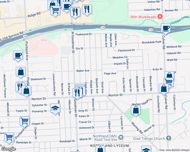 map of restaurants, bars, coffee shops, grocery stores, and more near 84 Bennett Avenue in Rochester