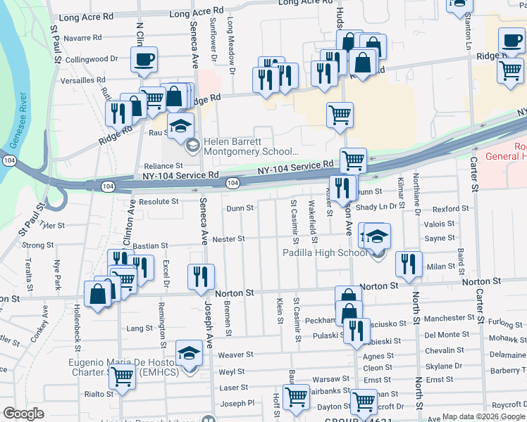 map of restaurants, bars, coffee shops, grocery stores, and more near 231 Moulson Street in Rochester