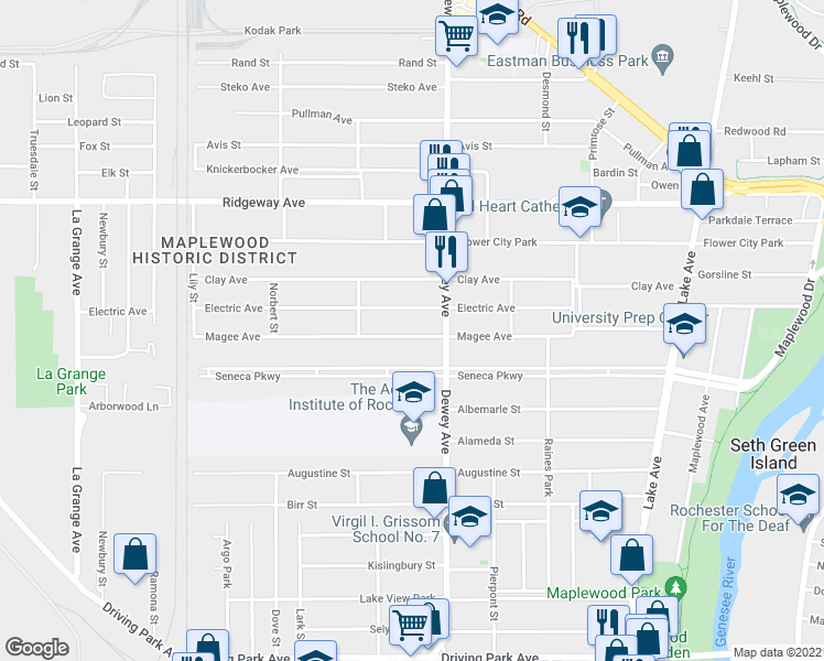 map of restaurants, bars, coffee shops, grocery stores, and more near 362 Magee Avenue in Rochester