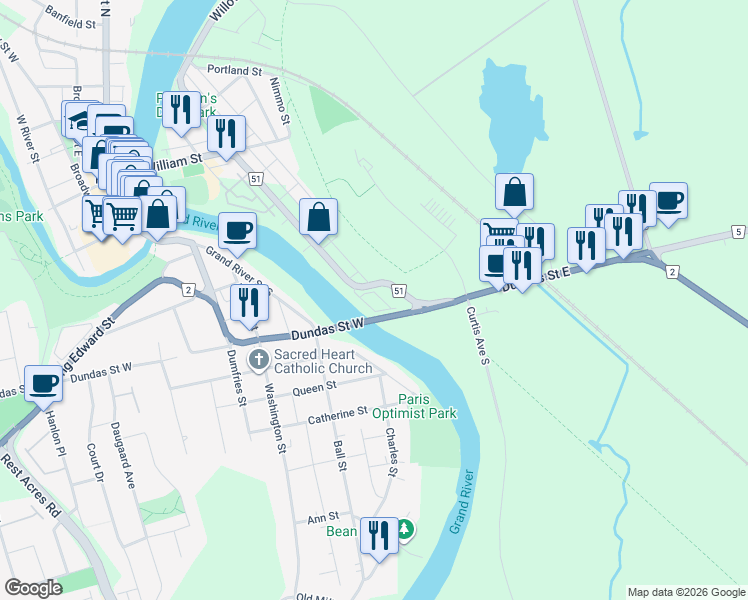 map of restaurants, bars, coffee shops, grocery stores, and more near in Brant