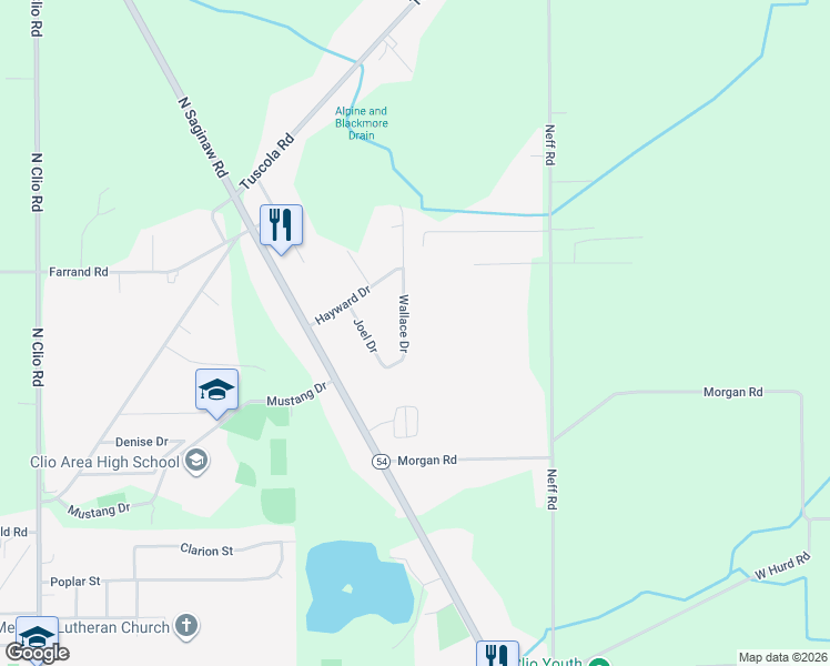 map of restaurants, bars, coffee shops, grocery stores, and more near 12446 Wallace Drive in Clio