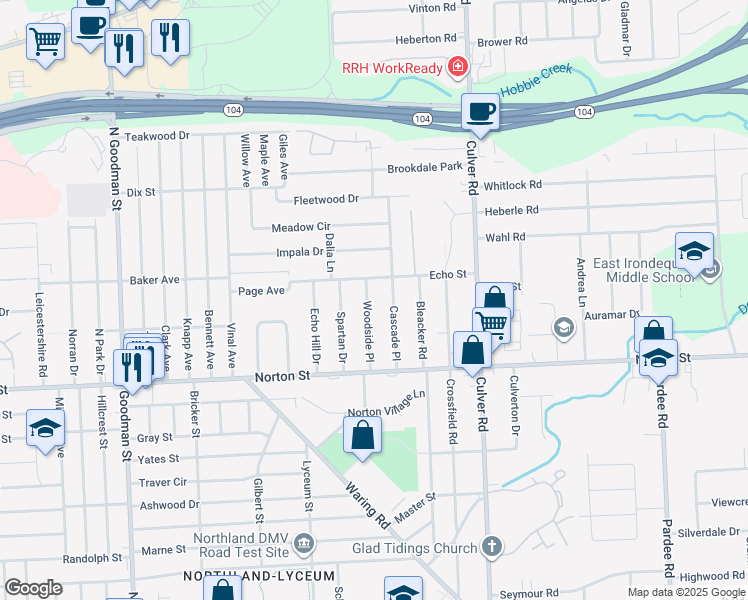 map of restaurants, bars, coffee shops, grocery stores, and more near 284 Woodside Place in Rochester