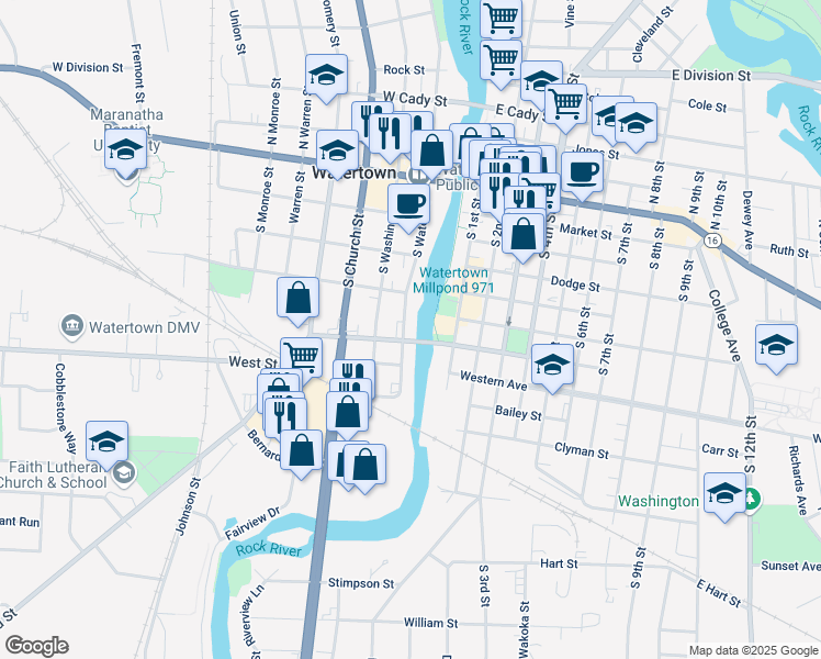 map of restaurants, bars, coffee shops, grocery stores, and more near 415 South Water Street in Watertown