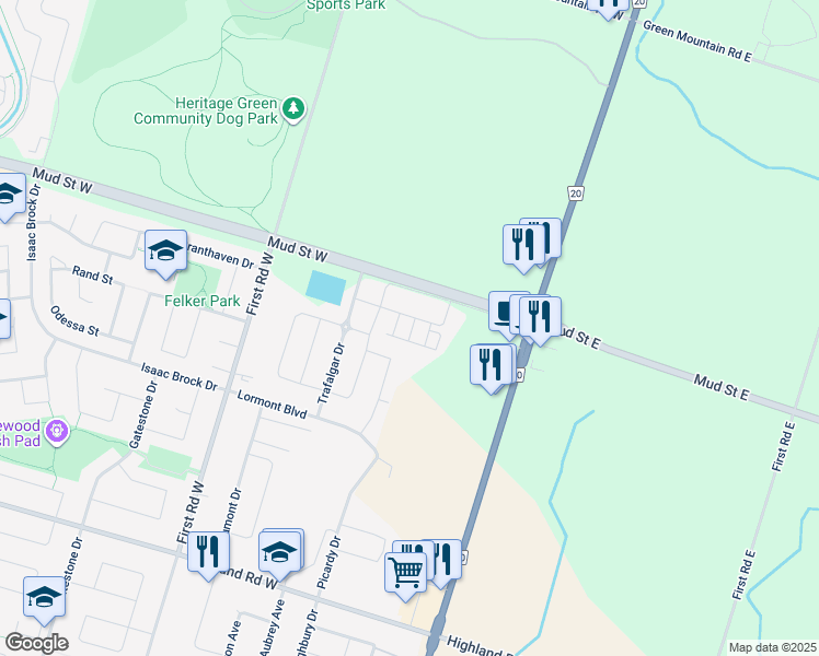 map of restaurants, bars, coffee shops, grocery stores, and more near England Tr in Hamilton