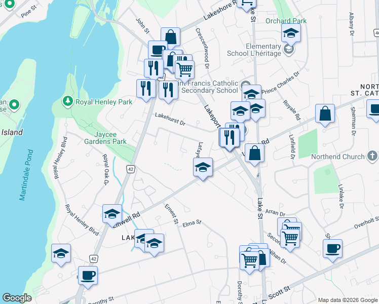 map of restaurants, bars, coffee shops, grocery stores, and more near in St. Catharines