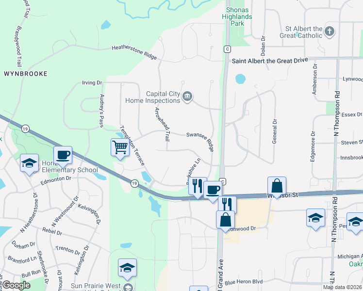 map of restaurants, bars, coffee shops, grocery stores, and more near 3489 Swansee Ridge in Sun Prairie