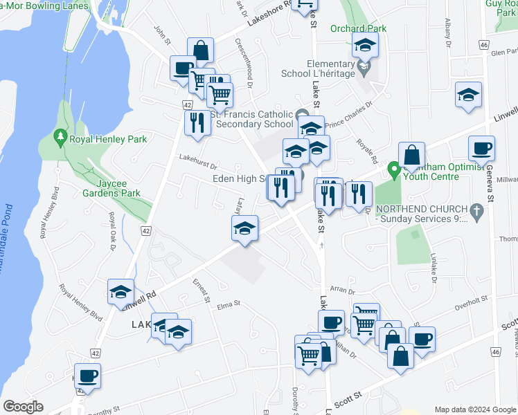map of restaurants, bars, coffee shops, grocery stores, and more near 72 Lakehurst Drive in St. Catharines