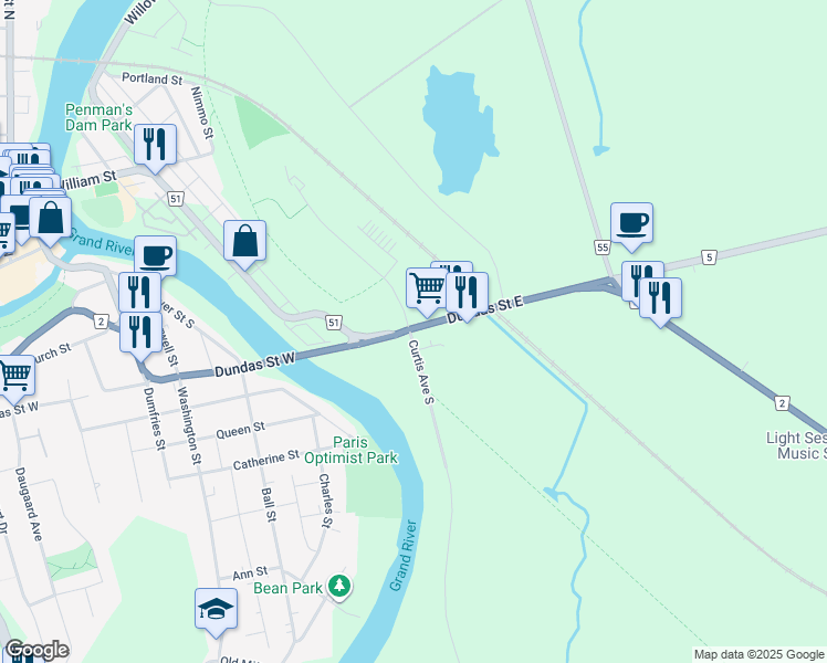 map of restaurants, bars, coffee shops, grocery stores, and more near 14 Dundas Street East in Brant