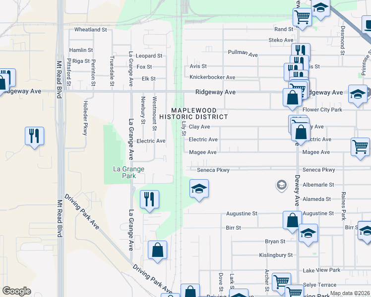 map of restaurants, bars, coffee shops, grocery stores, and more near in Rochester