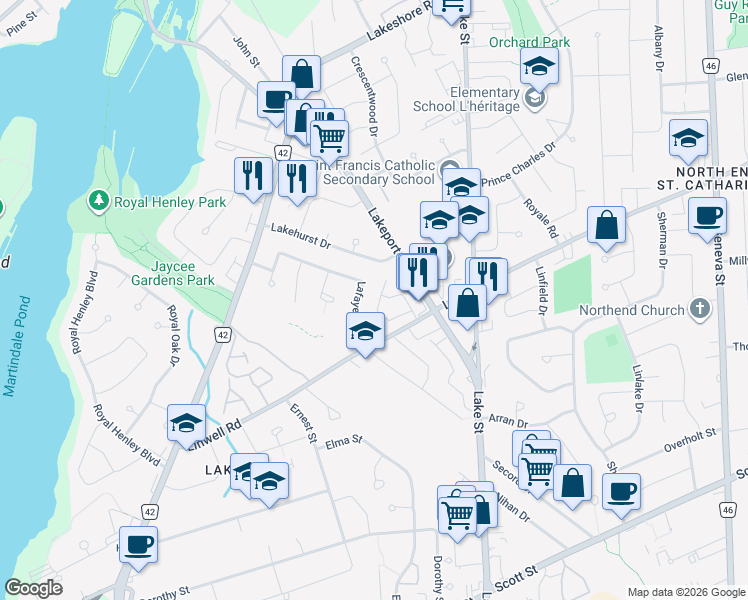 map of restaurants, bars, coffee shops, grocery stores, and more near 151 Linwell Road in St. Catharines