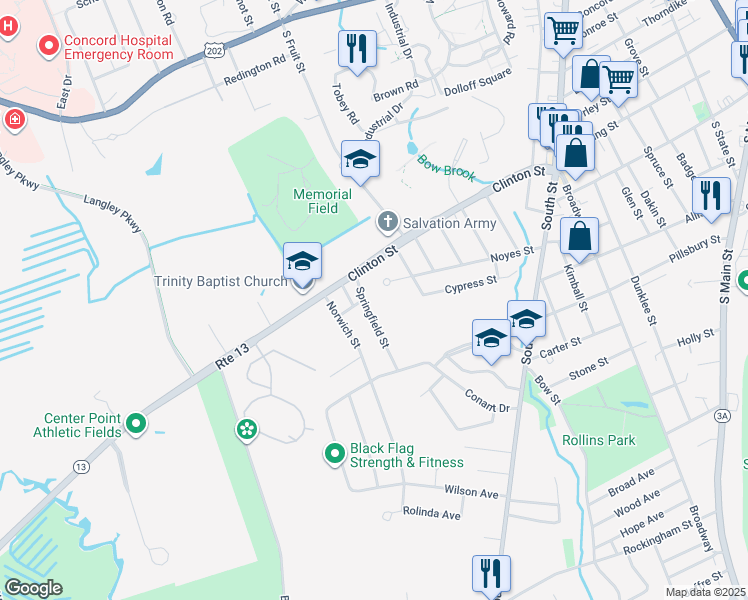 map of restaurants, bars, coffee shops, grocery stores, and more near 64 Noyes Street in Concord