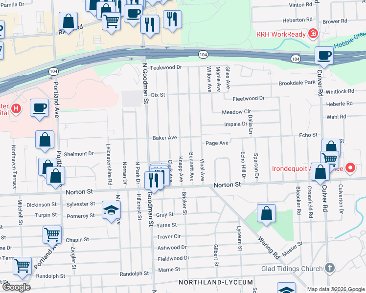 map of restaurants, bars, coffee shops, grocery stores, and more near 155 Knapp Avenue in Rochester