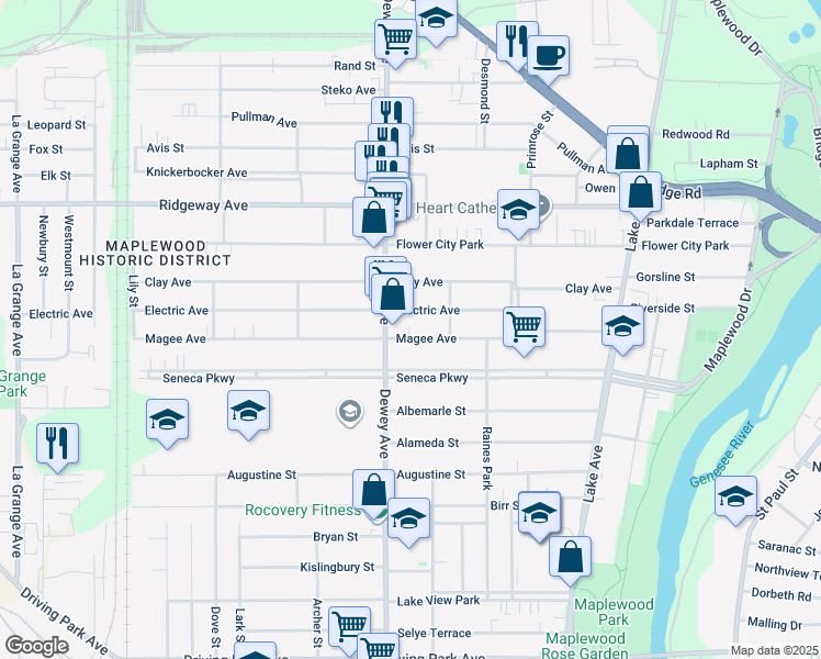 map of restaurants, bars, coffee shops, grocery stores, and more near 152 Electric Avenue in Rochester