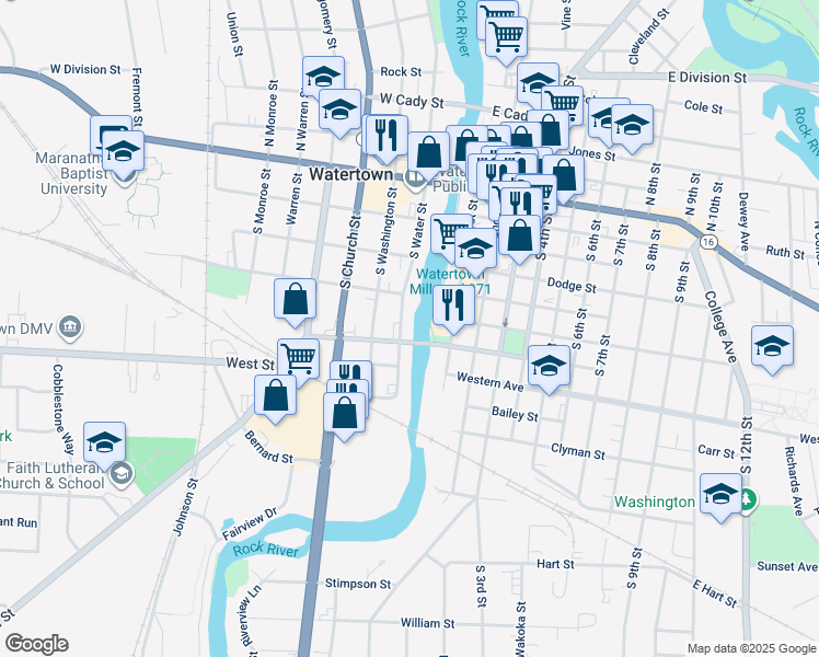 map of restaurants, bars, coffee shops, grocery stores, and more near 401 South Water Street in Watertown