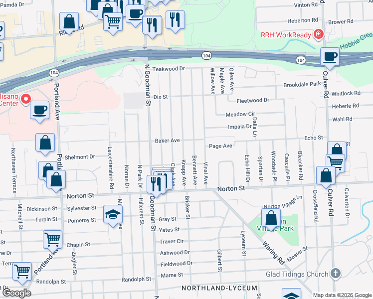 map of restaurants, bars, coffee shops, grocery stores, and more near 155 Knapp Avenue in Rochester