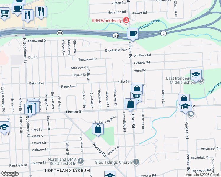 map of restaurants, bars, coffee shops, grocery stores, and more near 420 Bleacker Road in Rochester