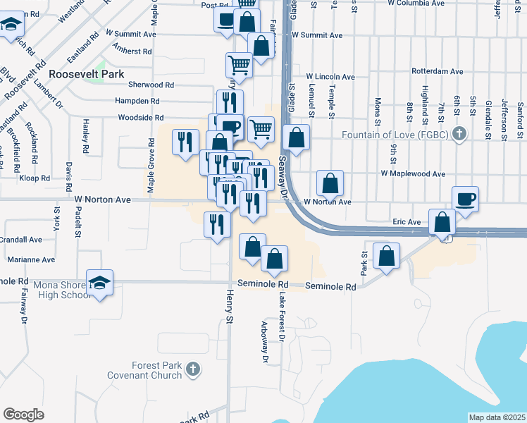 map of restaurants, bars, coffee shops, grocery stores, and more near 730 West Norton Avenue in Norton Shores