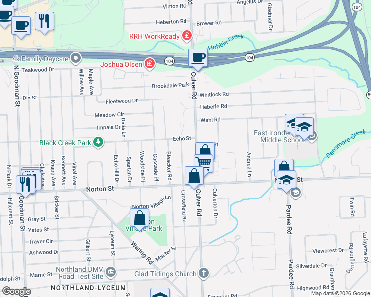 map of restaurants, bars, coffee shops, grocery stores, and more near 488 Crossfield Road in Rochester