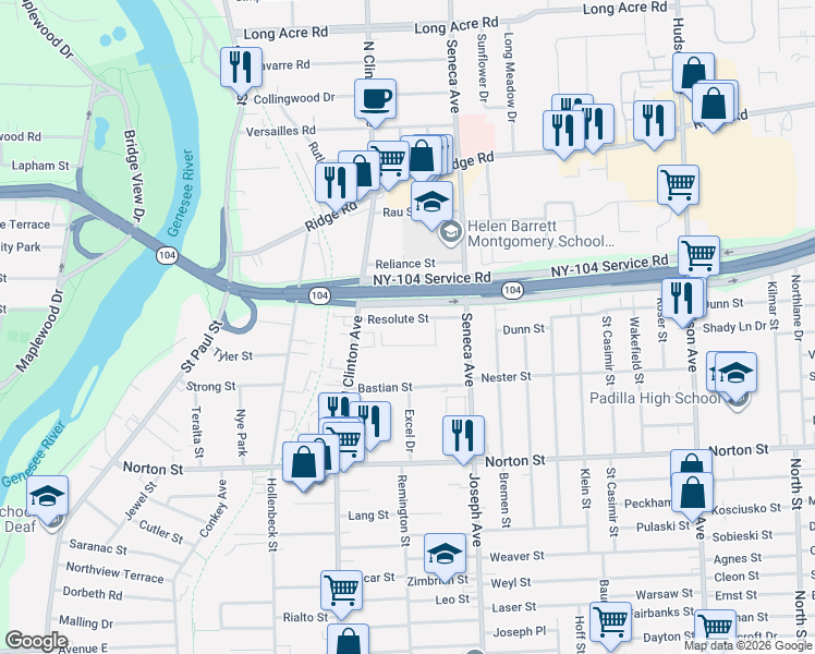 map of restaurants, bars, coffee shops, grocery stores, and more near 54 Resolute Street in Rochester
