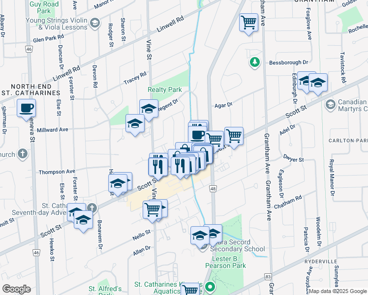 map of restaurants, bars, coffee shops, grocery stores, and more near 47 Highcourt Crescent in St. Catharines