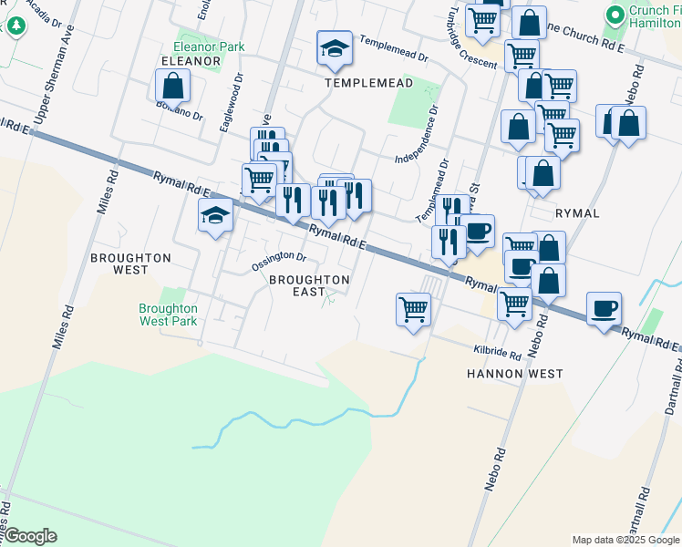 map of restaurants, bars, coffee shops, grocery stores, and more near in Hamilton