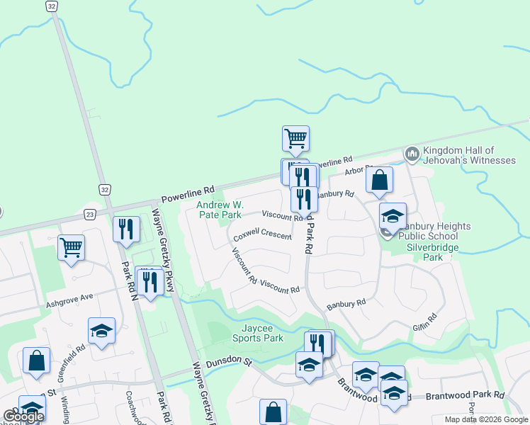 map of restaurants, bars, coffee shops, grocery stores, and more near 56 Anastasia Crescent in Brantford