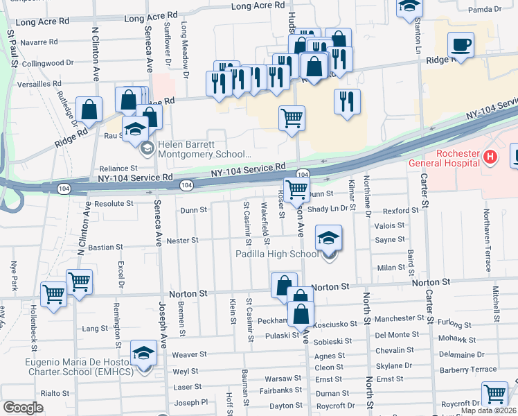 map of restaurants, bars, coffee shops, grocery stores, and more near 174 Dunn Street in Rochester