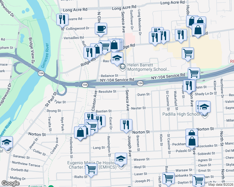 map of restaurants, bars, coffee shops, grocery stores, and more near 101 Resolute Street in Rochester