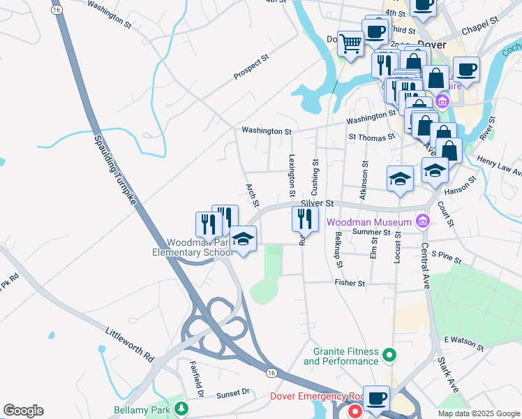 map of restaurants, bars, coffee shops, grocery stores, and more near 141-143 Silver Street in Dover