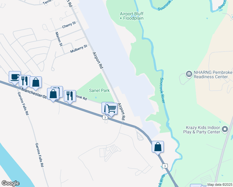 map of restaurants, bars, coffee shops, grocery stores, and more near 223 Airport Road in Concord