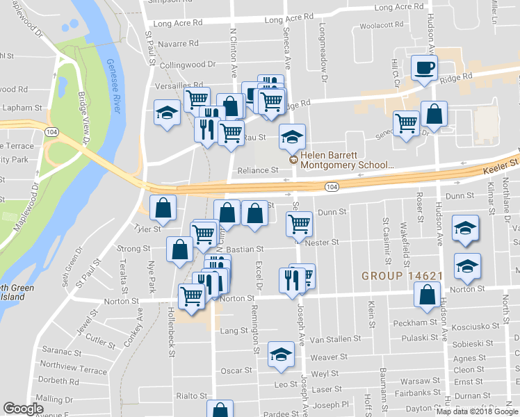 map of restaurants, bars, coffee shops, grocery stores, and more near 73 Resolute Street in Rochester