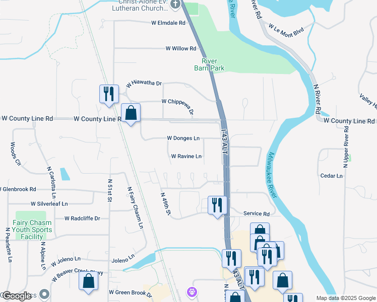 map of restaurants, bars, coffee shops, grocery stores, and more near 4595 West Donges Lane in Brown Deer