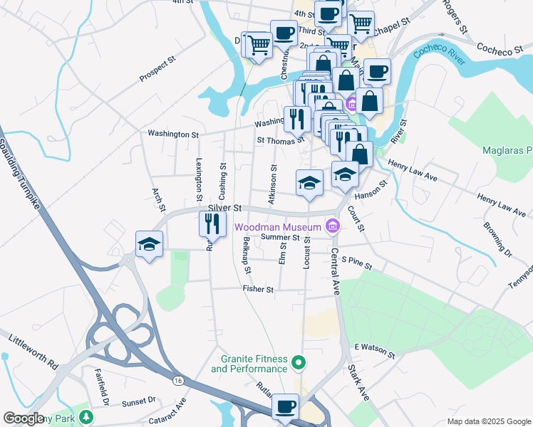 map of restaurants, bars, coffee shops, grocery stores, and more near 73 Atkinson Street in Dover