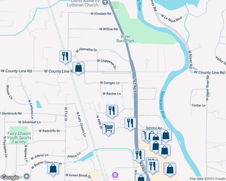map of restaurants, bars, coffee shops, grocery stores, and more near 4595 West Donges Lane in Brown Deer