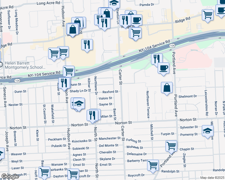 map of restaurants, bars, coffee shops, grocery stores, and more near 69 Van Olinda Street in Rochester