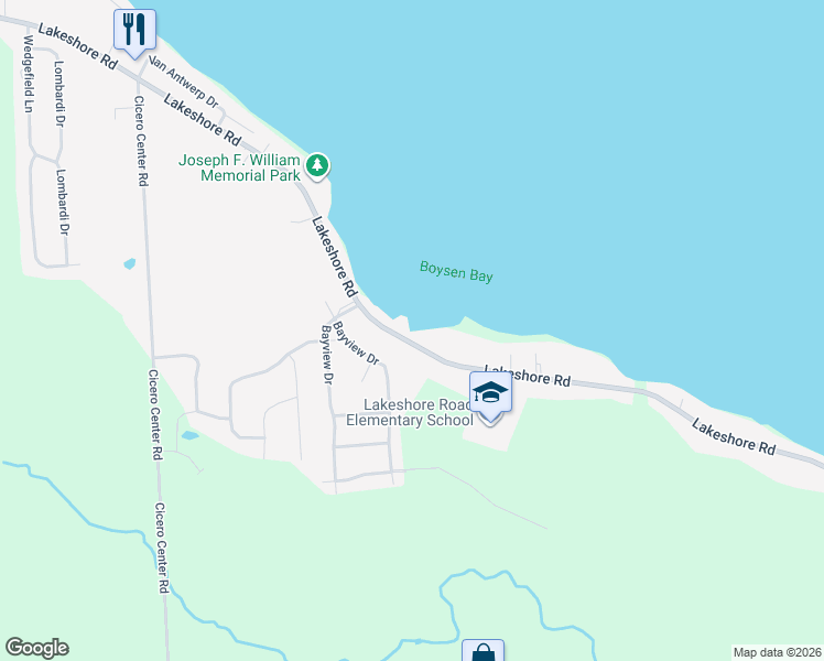 map of restaurants, bars, coffee shops, grocery stores, and more near 7133 Lakeshore Road in Cicero