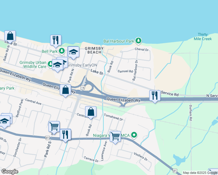 map of restaurants, bars, coffee shops, grocery stores, and more near 6 Conrad Place in Grimsby