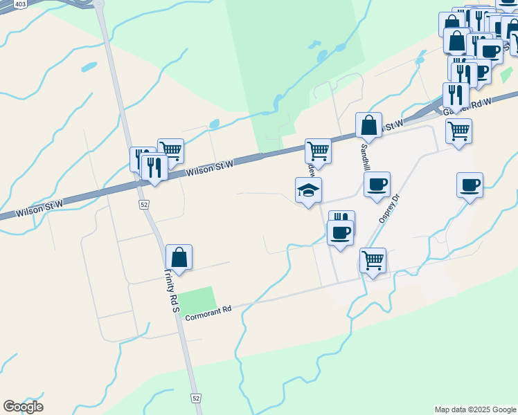 map of restaurants, bars, coffee shops, grocery stores, and more near 1480 Sandhill Drive in Hamilton
