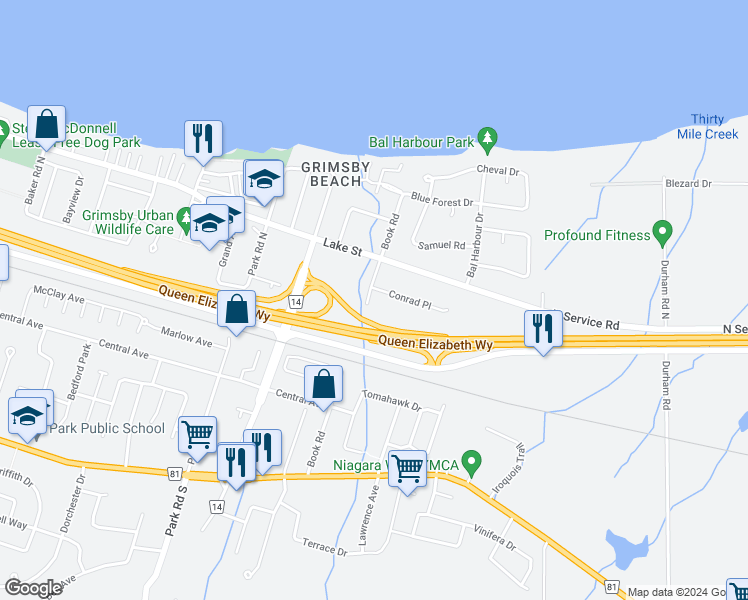 map of restaurants, bars, coffee shops, grocery stores, and more near 348 Book Road in Grimsby