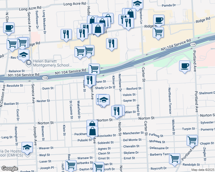 map of restaurants, bars, coffee shops, grocery stores, and more near 337 Dunn Street in Rochester