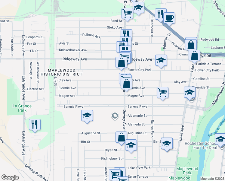 map of restaurants, bars, coffee shops, grocery stores, and more near 210 Electric Avenue in Rochester