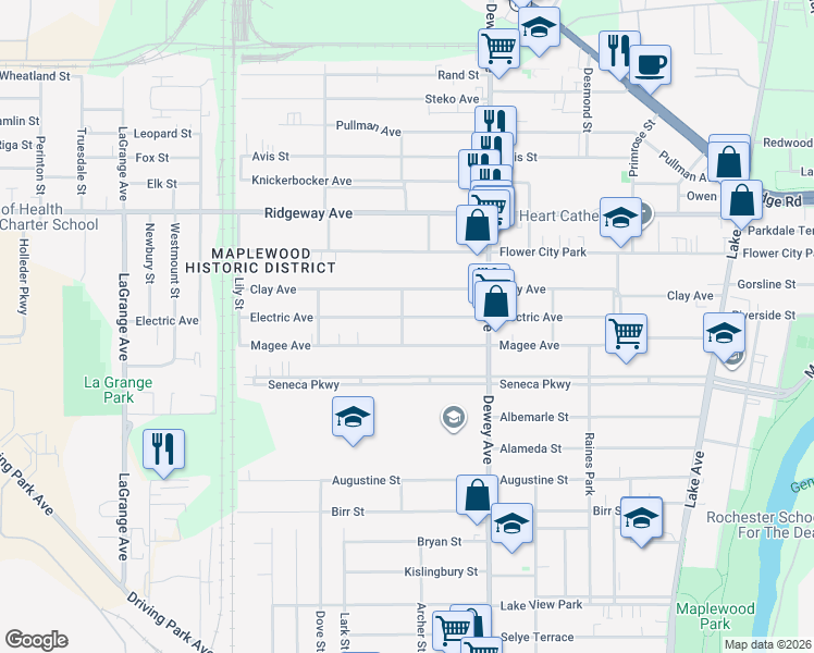 map of restaurants, bars, coffee shops, grocery stores, and more near 264 Electric Avenue in Rochester