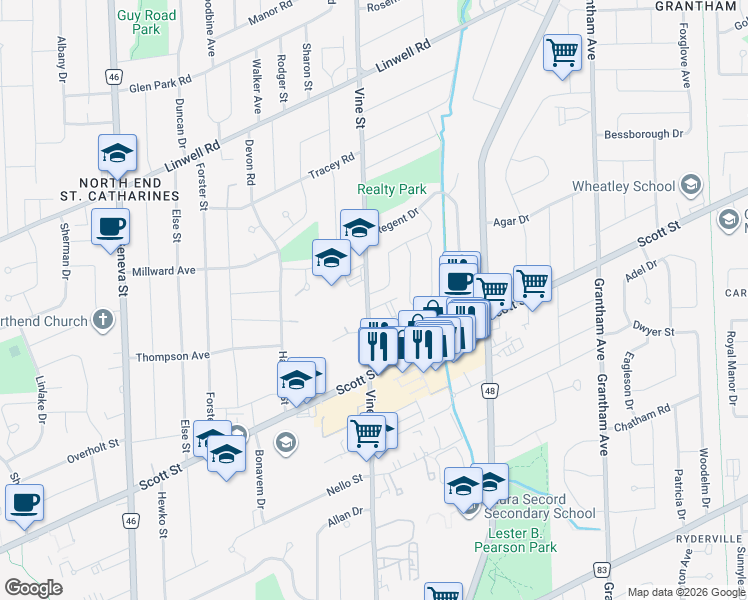 map of restaurants, bars, coffee shops, grocery stores, and more near 2 Densgrove Drive in Saint Catharines