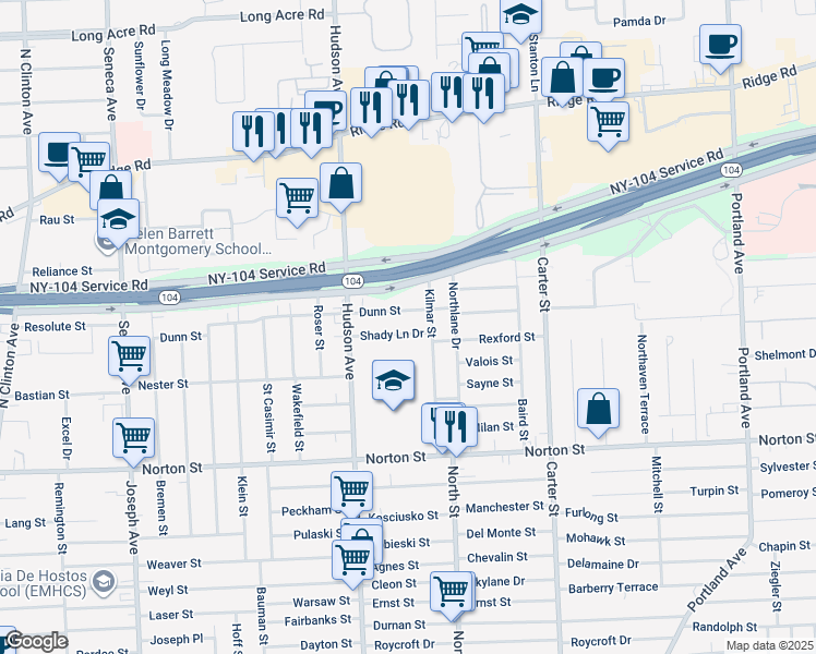 map of restaurants, bars, coffee shops, grocery stores, and more near 337 Dunn Street in Rochester