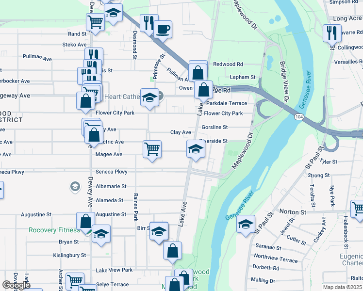 map of restaurants, bars, coffee shops, grocery stores, and more near 45 Clay Avenue in Rochester