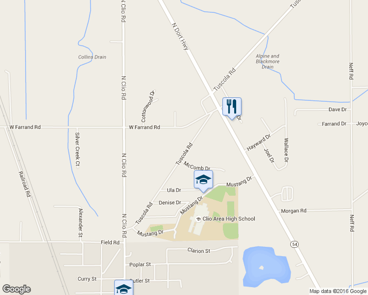 map of restaurants, bars, coffee shops, grocery stores, and more near 12531 Tuscola Road in Clio