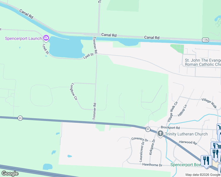 map of restaurants, bars, coffee shops, grocery stores, and more near 22 Holly Circle in Spencerport