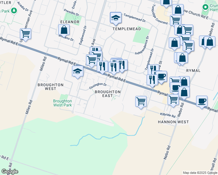 map of restaurants, bars, coffee shops, grocery stores, and more near 122 Ossington Drive in Hamilton